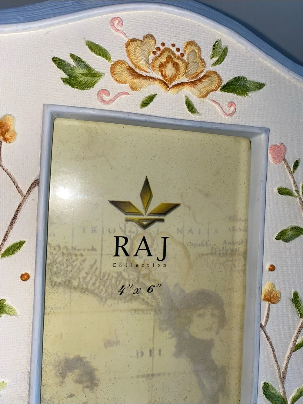 New Raj Hand-Painted 4x6 Floral Photo Frame in Blue, Cream, Green, Pink, Gold